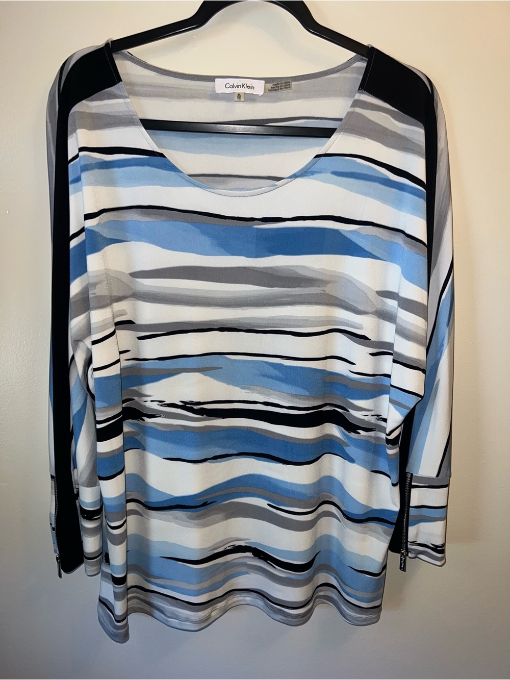 Calvin Klein Scoop Neck Striped Tunic in Blue, White & Black - Picture 1 of 3
